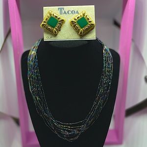 Vintage Tacoa Green earrings Vintage beaded multi strand necklace